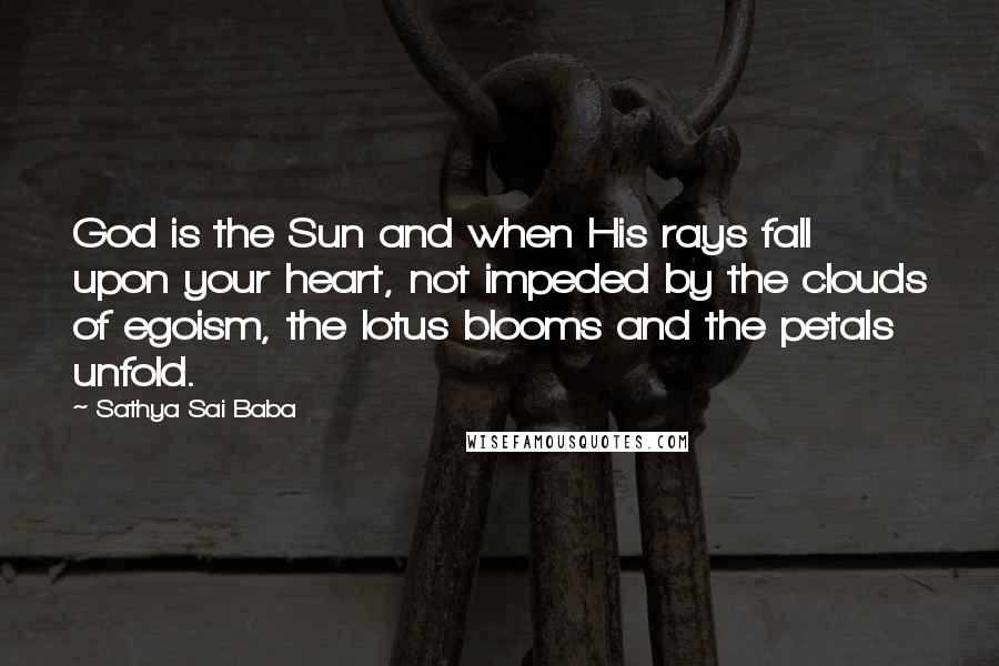Sathya Sai Baba Quotes: God is the Sun and when His rays fall upon your heart, not impeded by the clouds of egoism, the lotus blooms and the petals unfold.