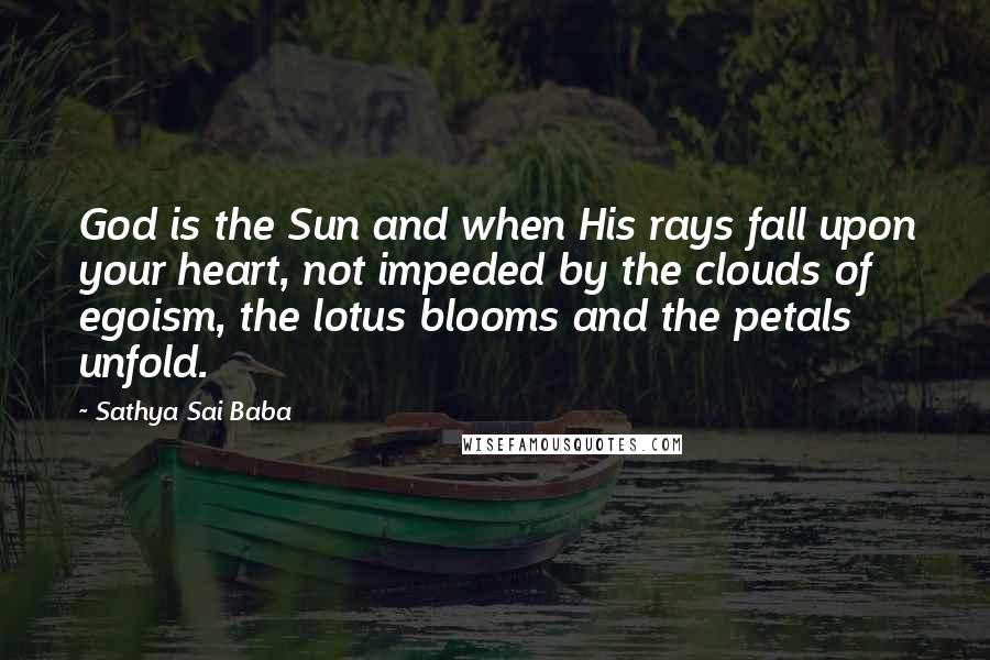 Sathya Sai Baba Quotes: God is the Sun and when His rays fall upon your heart, not impeded by the clouds of egoism, the lotus blooms and the petals unfold.