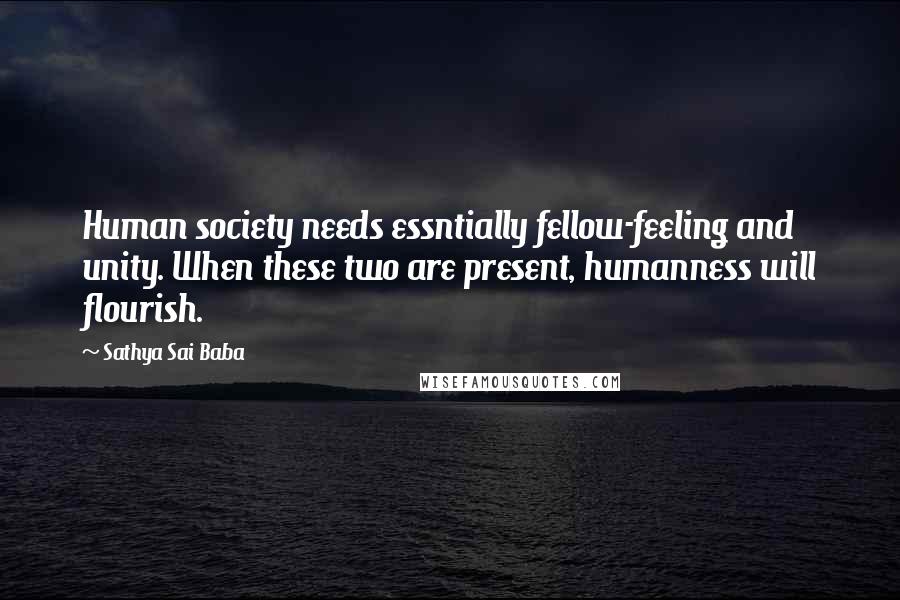 Sathya Sai Baba Quotes: Human society needs essntially fellow-feeling and unity. When these two are present, humanness will flourish.