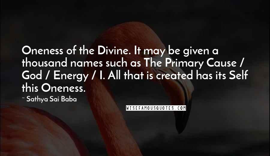 Sathya Sai Baba Quotes: Oneness of the Divine. It may be given a thousand names such as The Primary Cause / God / Energy / I. All that is created has its Self this Oneness.