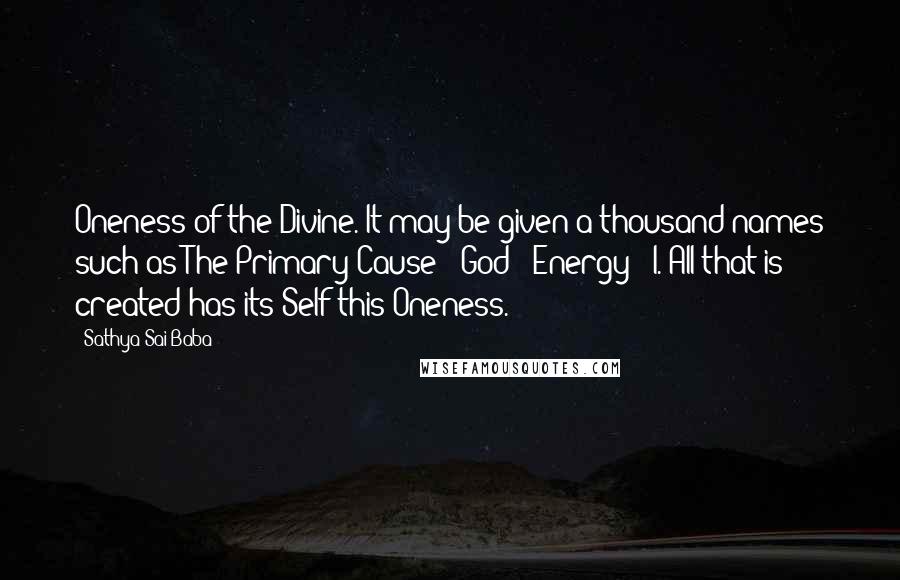 Sathya Sai Baba Quotes: Oneness of the Divine. It may be given a thousand names such as The Primary Cause / God / Energy / I. All that is created has its Self this Oneness.