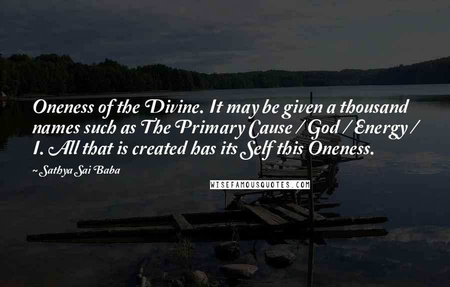 Sathya Sai Baba Quotes: Oneness of the Divine. It may be given a thousand names such as The Primary Cause / God / Energy / I. All that is created has its Self this Oneness.