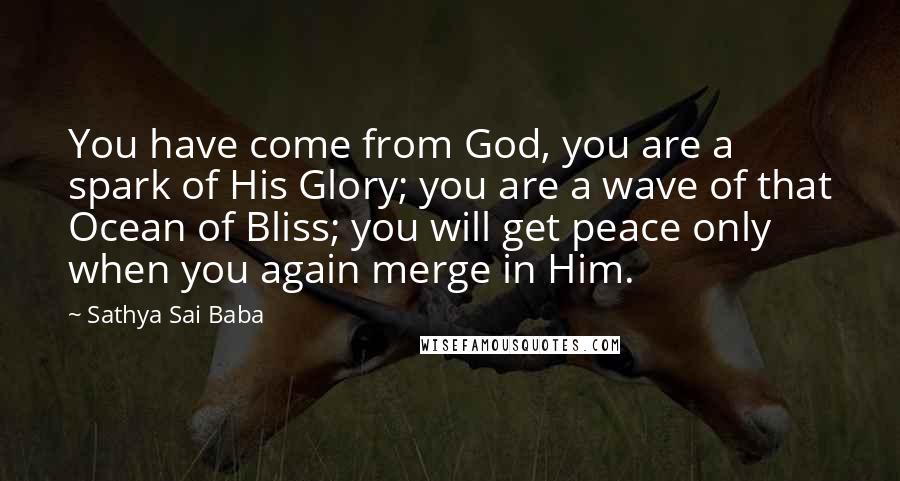 Sathya Sai Baba Quotes: You have come from God, you are a spark of His Glory; you are a wave of that Ocean of Bliss; you will get peace only when you again merge in Him.