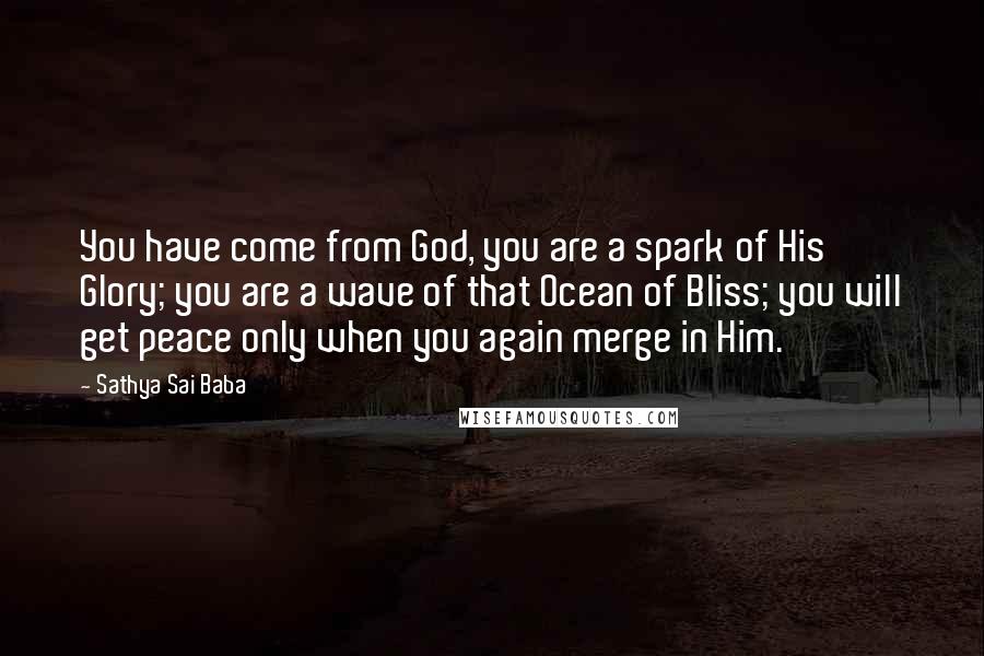 Sathya Sai Baba Quotes: You have come from God, you are a spark of His Glory; you are a wave of that Ocean of Bliss; you will get peace only when you again merge in Him.