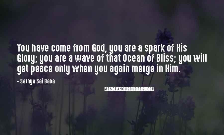 Sathya Sai Baba Quotes: You have come from God, you are a spark of His Glory; you are a wave of that Ocean of Bliss; you will get peace only when you again merge in Him.