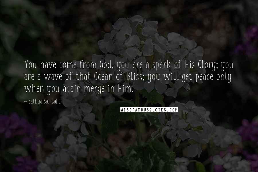Sathya Sai Baba Quotes: You have come from God, you are a spark of His Glory; you are a wave of that Ocean of Bliss; you will get peace only when you again merge in Him.