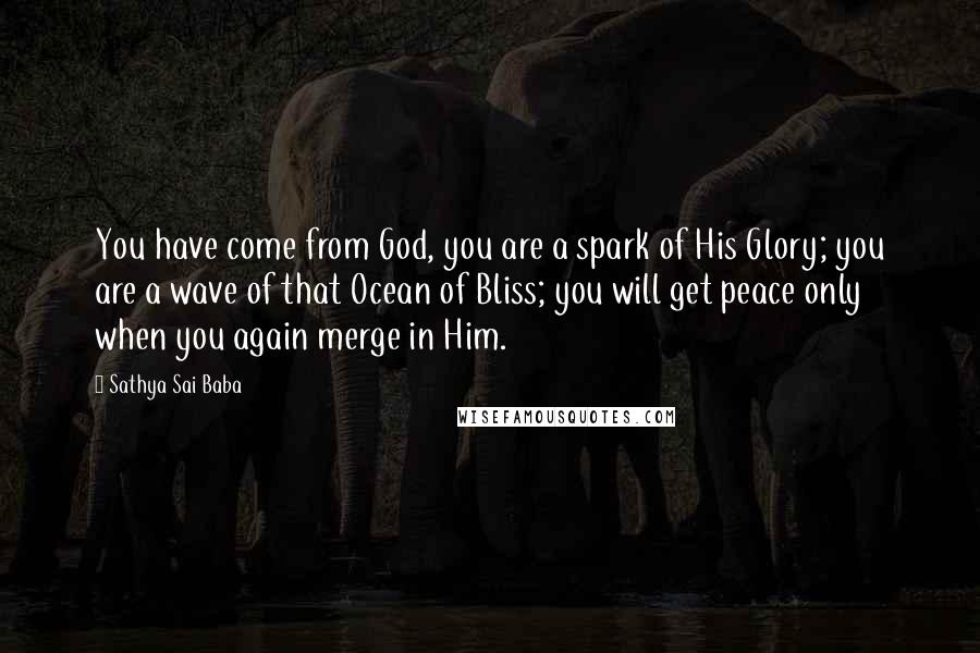 Sathya Sai Baba Quotes: You have come from God, you are a spark of His Glory; you are a wave of that Ocean of Bliss; you will get peace only when you again merge in Him.