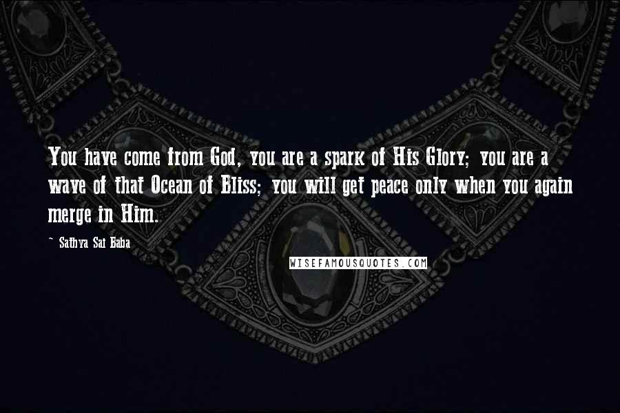 Sathya Sai Baba Quotes: You have come from God, you are a spark of His Glory; you are a wave of that Ocean of Bliss; you will get peace only when you again merge in Him.