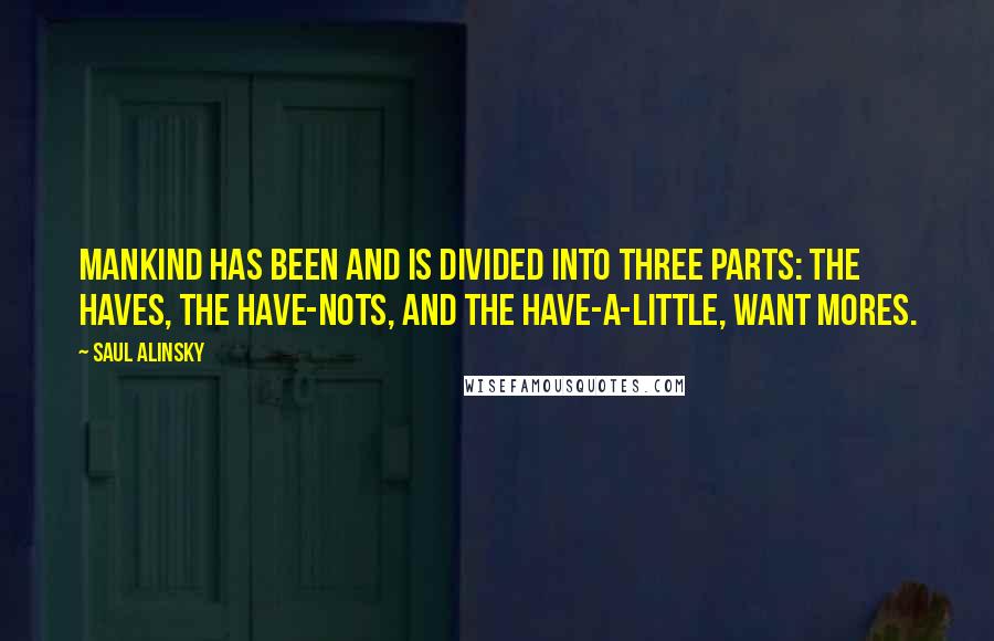 Saul Alinsky Quotes: Mankind has been and is divided into three parts: the Haves, the Have-Nots, and the Have-a-Little, Want Mores.