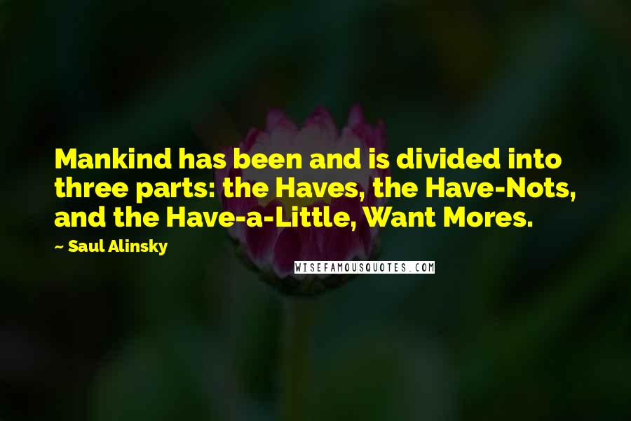 Saul Alinsky Quotes: Mankind has been and is divided into three parts: the Haves, the Have-Nots, and the Have-a-Little, Want Mores.