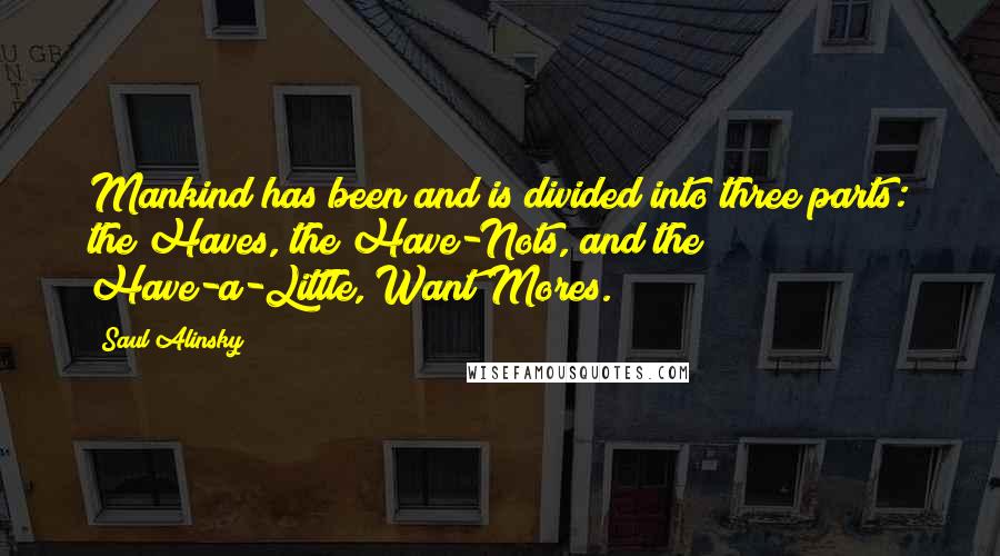 Saul Alinsky Quotes: Mankind has been and is divided into three parts: the Haves, the Have-Nots, and the Have-a-Little, Want Mores.