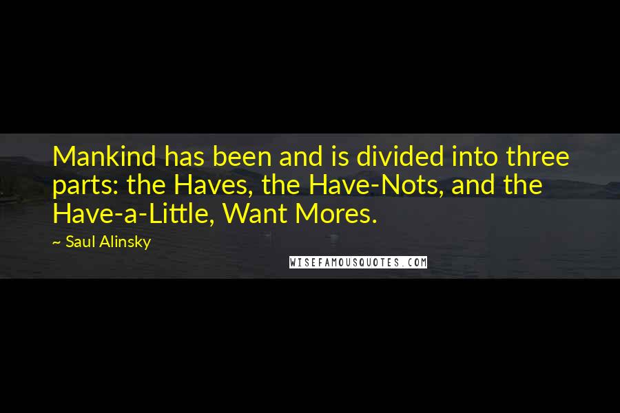 Saul Alinsky Quotes: Mankind has been and is divided into three parts: the Haves, the Have-Nots, and the Have-a-Little, Want Mores.