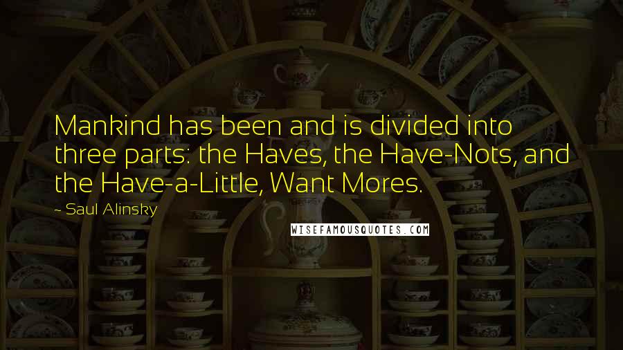 Saul Alinsky Quotes: Mankind has been and is divided into three parts: the Haves, the Have-Nots, and the Have-a-Little, Want Mores.