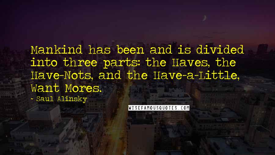 Saul Alinsky Quotes: Mankind has been and is divided into three parts: the Haves, the Have-Nots, and the Have-a-Little, Want Mores.