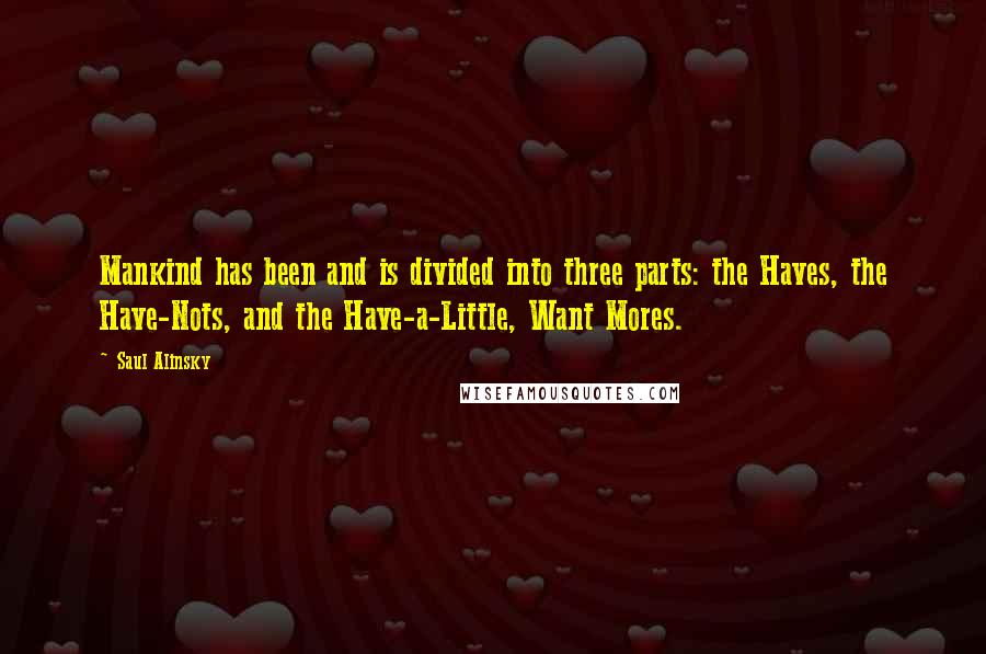 Saul Alinsky Quotes: Mankind has been and is divided into three parts: the Haves, the Have-Nots, and the Have-a-Little, Want Mores.