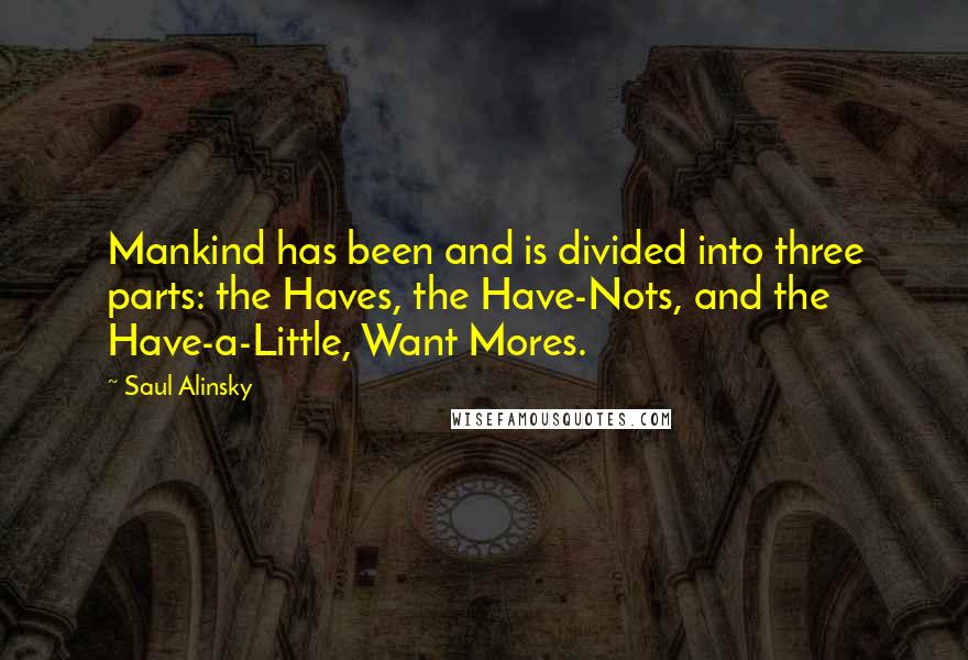 Saul Alinsky Quotes: Mankind has been and is divided into three parts: the Haves, the Have-Nots, and the Have-a-Little, Want Mores.