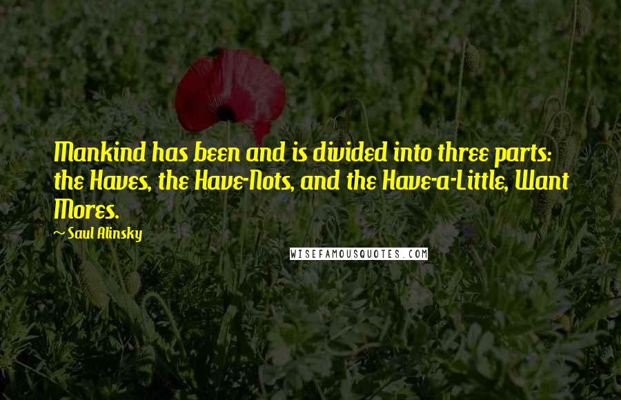 Saul Alinsky Quotes: Mankind has been and is divided into three parts: the Haves, the Have-Nots, and the Have-a-Little, Want Mores.