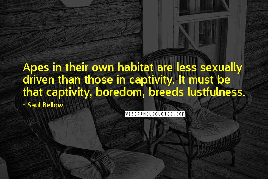 Saul Bellow Quotes: Apes in their own habitat are less sexually driven than those in captivity. It must be that captivity, boredom, breeds lustfulness.