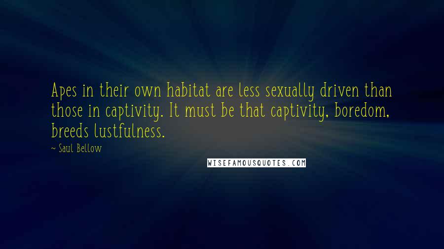 Saul Bellow Quotes: Apes in their own habitat are less sexually driven than those in captivity. It must be that captivity, boredom, breeds lustfulness.