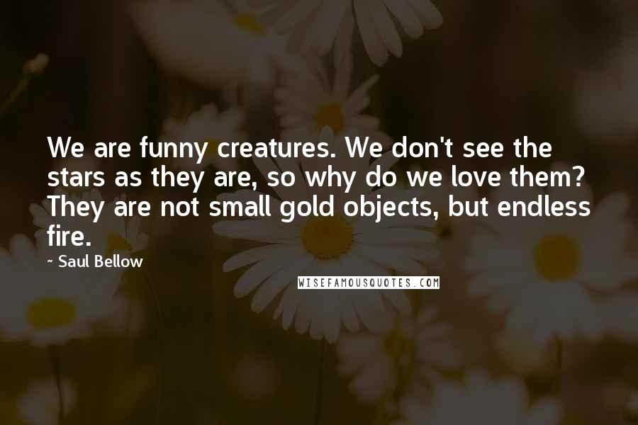 Saul Bellow Quotes: We are funny creatures. We don't see the stars as they are, so why do we love them? They are not small gold objects, but endless fire.