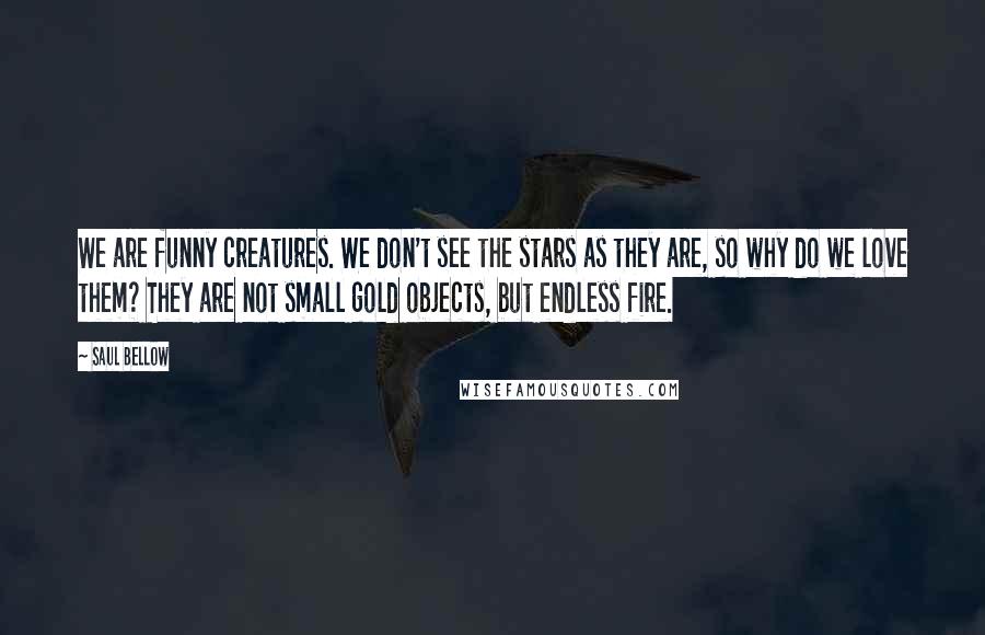 Saul Bellow Quotes: We are funny creatures. We don't see the stars as they are, so why do we love them? They are not small gold objects, but endless fire.