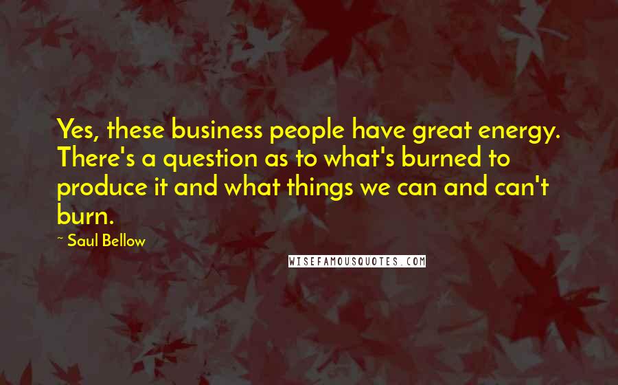 Saul Bellow Quotes: Yes, these business people have great energy. There's a question as to what's burned to produce it and what things we can and can't burn.