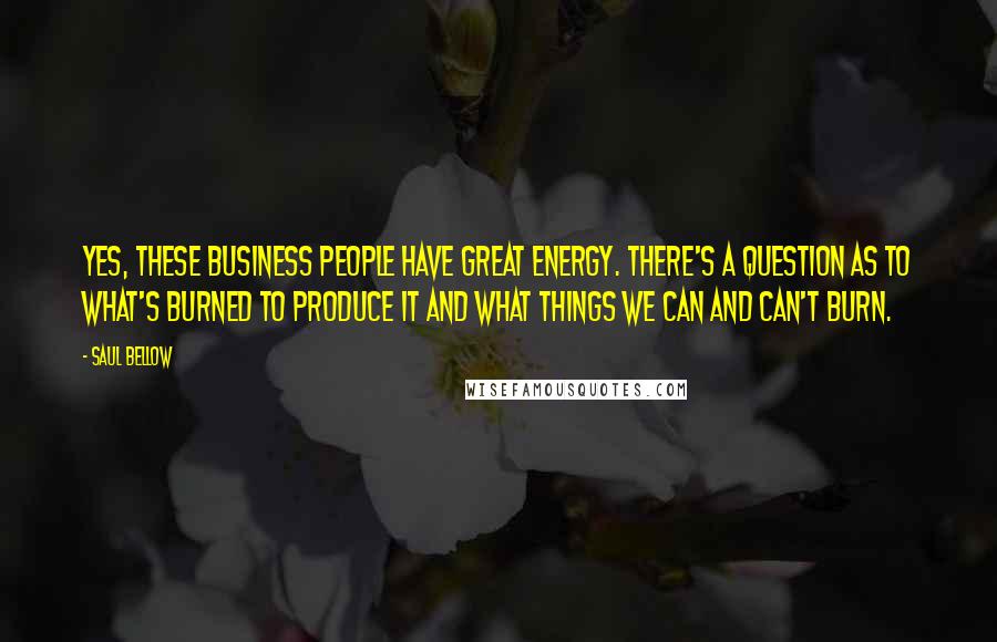 Saul Bellow Quotes: Yes, these business people have great energy. There's a question as to what's burned to produce it and what things we can and can't burn.
