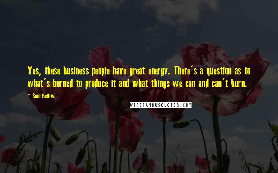 Saul Bellow Quotes: Yes, these business people have great energy. There's a question as to what's burned to produce it and what things we can and can't burn.