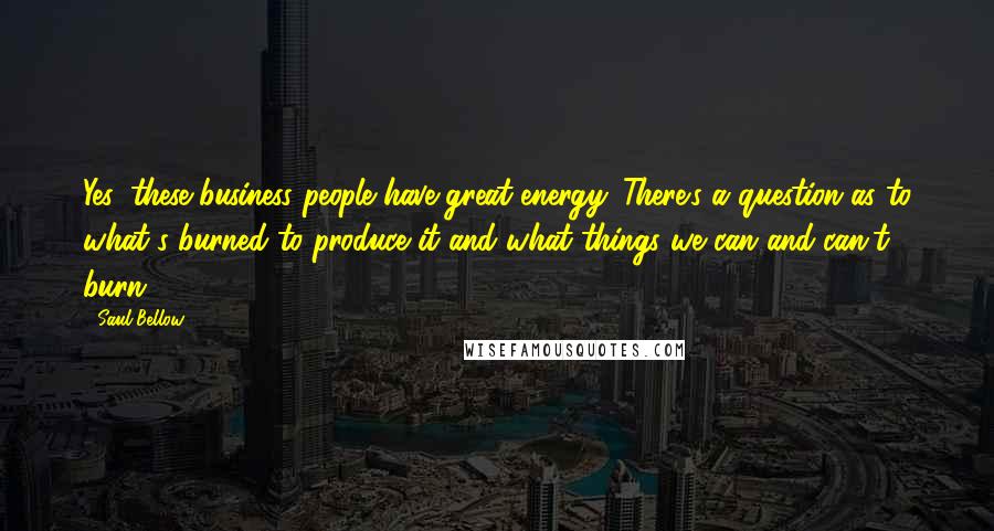 Saul Bellow Quotes: Yes, these business people have great energy. There's a question as to what's burned to produce it and what things we can and can't burn.