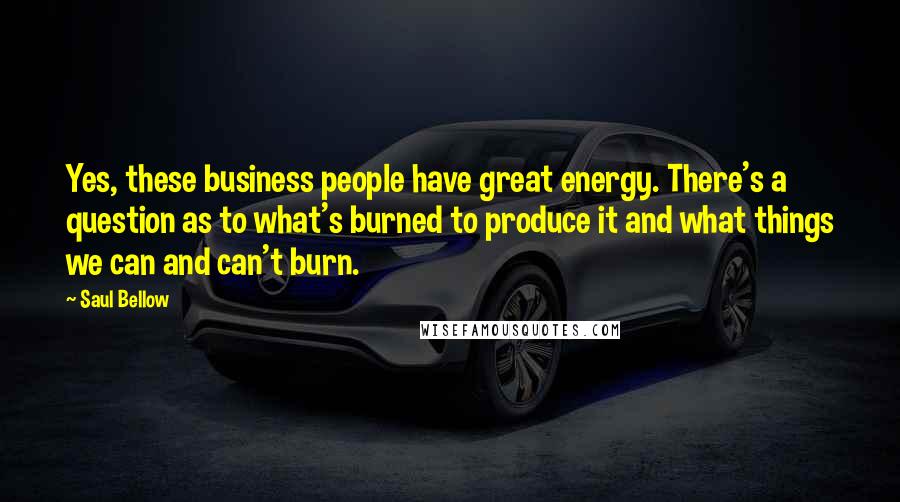 Saul Bellow Quotes: Yes, these business people have great energy. There's a question as to what's burned to produce it and what things we can and can't burn.