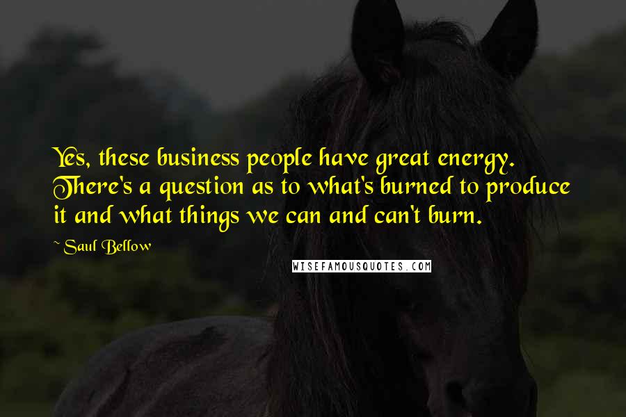 Saul Bellow Quotes: Yes, these business people have great energy. There's a question as to what's burned to produce it and what things we can and can't burn.