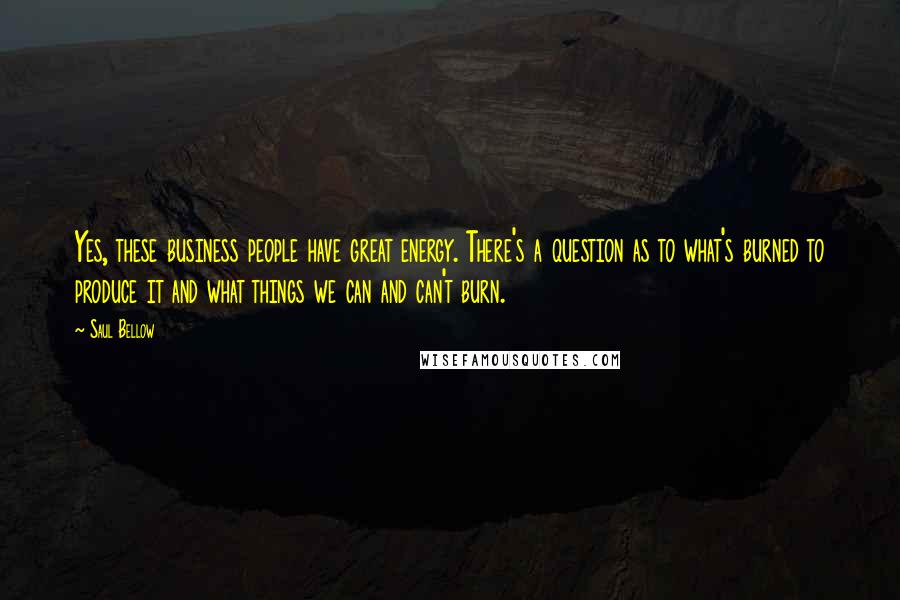 Saul Bellow Quotes: Yes, these business people have great energy. There's a question as to what's burned to produce it and what things we can and can't burn.