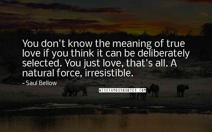 Saul Bellow Quotes: You don't know the meaning of true love if you think it can be deliberately selected. You just love, that's all. A natural force, irresistible.