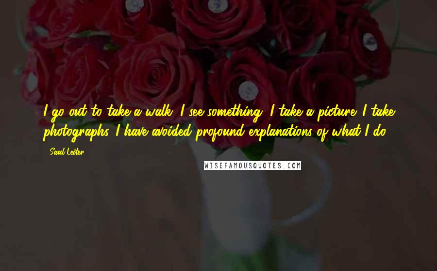 Saul Leiter Quotes: I go out to take a walk, I see something, I take a picture. I take photographs. I have avoided profound explanations of what I do.