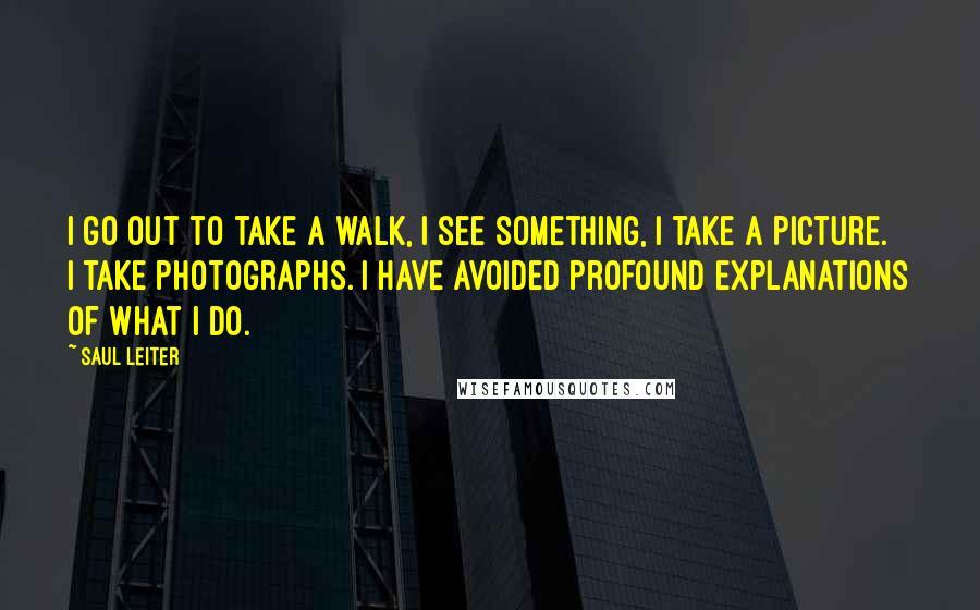 Saul Leiter Quotes: I go out to take a walk, I see something, I take a picture. I take photographs. I have avoided profound explanations of what I do.