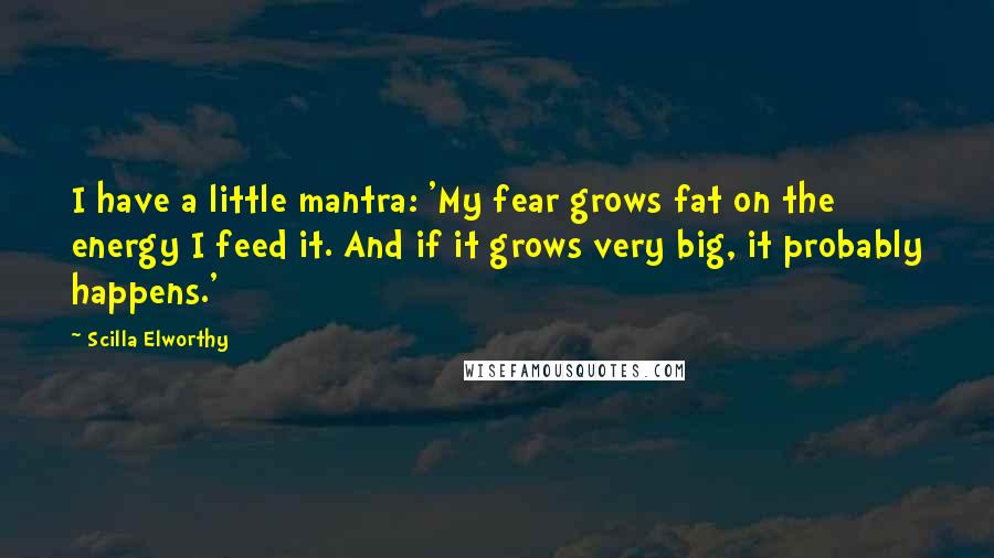 Scilla Elworthy Quotes: I have a little mantra: 'My fear grows fat on the energy I feed it. And if it grows very big, it probably happens.'