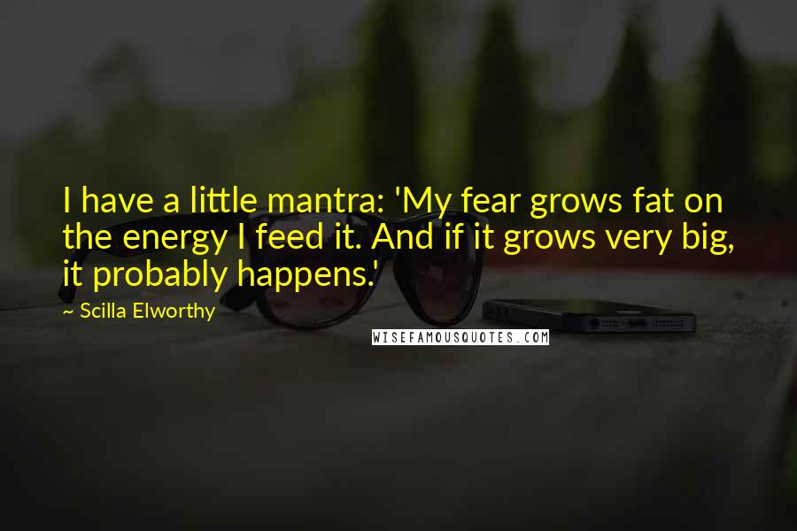 Scilla Elworthy Quotes: I have a little mantra: 'My fear grows fat on the energy I feed it. And if it grows very big, it probably happens.'