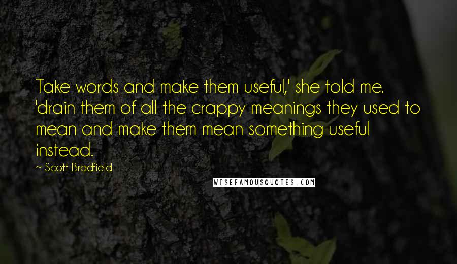 Scott Bradfield Quotes: Take words and make them useful,' she told me. 'drain them of all the crappy meanings they used to mean and make them mean something useful instead.