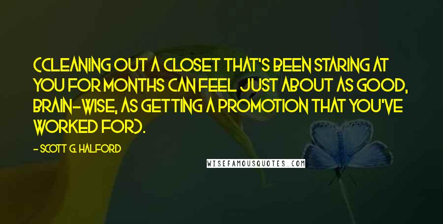 Scott G. Halford Quotes: (cleaning out a closet that's been staring at you for months can feel just about as good, brain-wise, as getting a promotion that you've worked for).