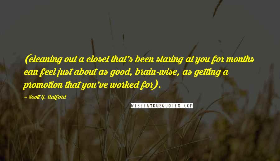 Scott G. Halford Quotes: (cleaning out a closet that's been staring at you for months can feel just about as good, brain-wise, as getting a promotion that you've worked for).