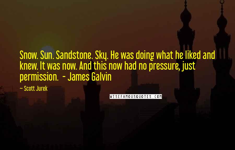 Scott Jurek Quotes: Snow. Sun. Sandstone. Sky. He was doing what he liked and knew. It was now. And this now had no pressure, just permission. - James Galvin