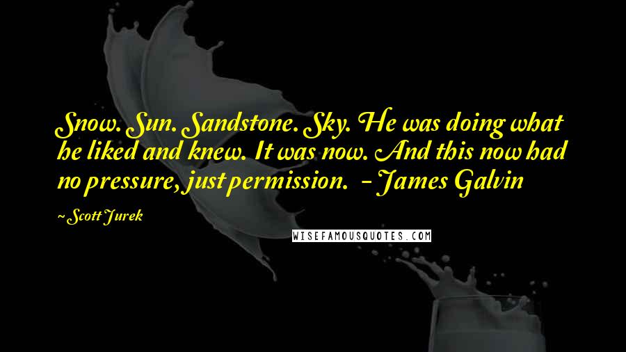 Scott Jurek Quotes: Snow. Sun. Sandstone. Sky. He was doing what he liked and knew. It was now. And this now had no pressure, just permission. - James Galvin