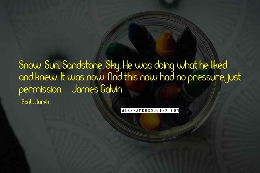 Scott Jurek Quotes: Snow. Sun. Sandstone. Sky. He was doing what he liked and knew. It was now. And this now had no pressure, just permission. - James Galvin