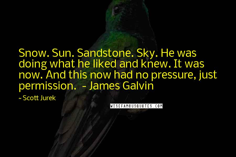 Scott Jurek Quotes: Snow. Sun. Sandstone. Sky. He was doing what he liked and knew. It was now. And this now had no pressure, just permission. - James Galvin