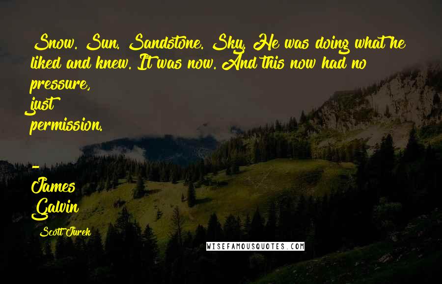 Scott Jurek Quotes: Snow. Sun. Sandstone. Sky. He was doing what he liked and knew. It was now. And this now had no pressure, just permission. - James Galvin