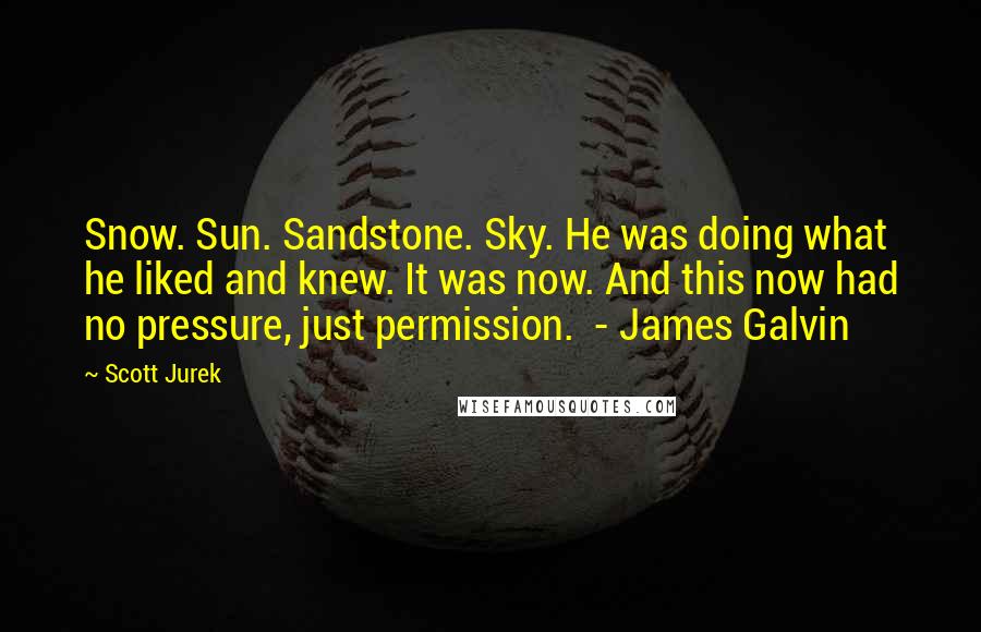 Scott Jurek Quotes: Snow. Sun. Sandstone. Sky. He was doing what he liked and knew. It was now. And this now had no pressure, just permission. - James Galvin
