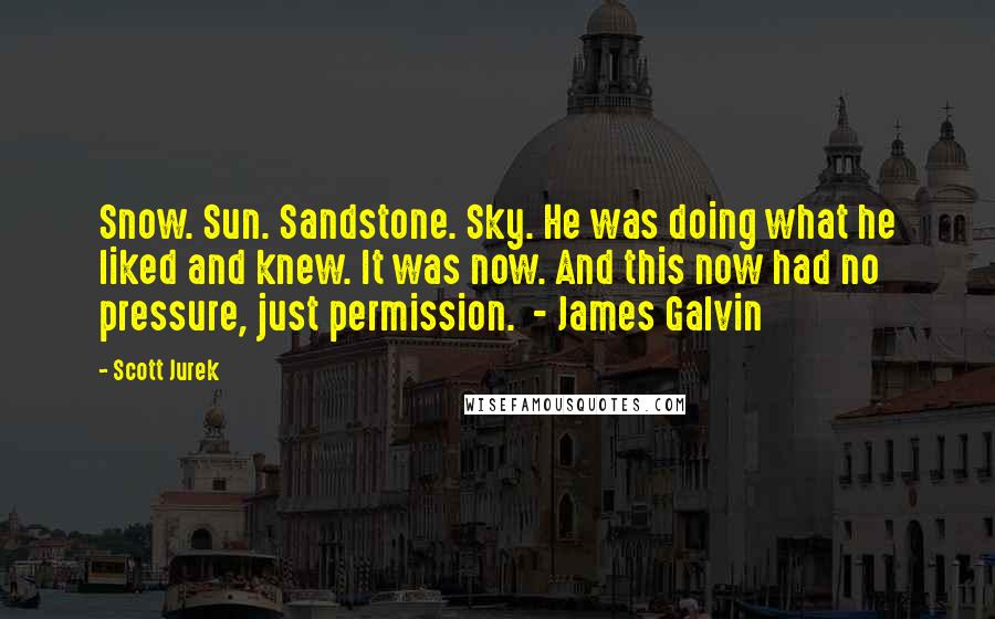 Scott Jurek Quotes: Snow. Sun. Sandstone. Sky. He was doing what he liked and knew. It was now. And this now had no pressure, just permission. - James Galvin