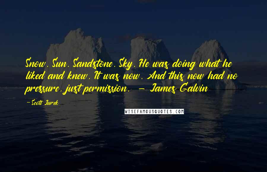 Scott Jurek Quotes: Snow. Sun. Sandstone. Sky. He was doing what he liked and knew. It was now. And this now had no pressure, just permission. - James Galvin