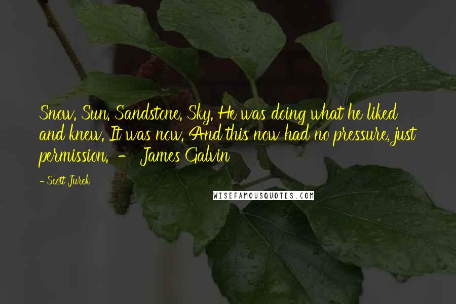 Scott Jurek Quotes: Snow. Sun. Sandstone. Sky. He was doing what he liked and knew. It was now. And this now had no pressure, just permission. - James Galvin