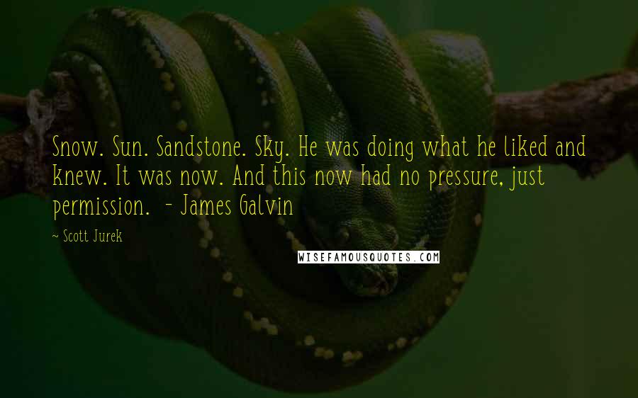 Scott Jurek Quotes: Snow. Sun. Sandstone. Sky. He was doing what he liked and knew. It was now. And this now had no pressure, just permission. - James Galvin